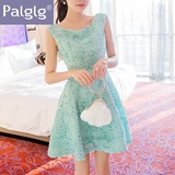Palglg2016夏季新款女装韩版修身收腰显瘦无袖立体花连衣裙蓬蓬裙