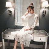 2016春夏装新款韩版连衣裙长款七分袖镂空蕾丝白色气质女神长裙仙