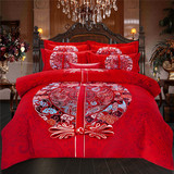 纯棉婚庆磨毛四件套 加厚全棉结婚床上用品大红色床单被套龙凤
