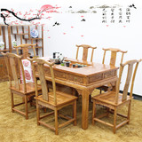 仿古实木家具中式长餐桌榆木茶桌明清古典雕花茶艺桌大茶台多用桌