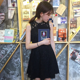 韩版女装夏季小清新修身显瘦无袖黑色蕾丝连衣裙休闲高腰学生裙子