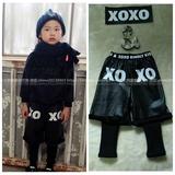 韩国正品童装代购2015年冬季新款男童女童XO字母加绒假两件套皮裤