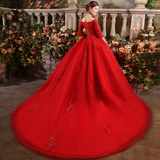 红色婚纱礼服一字肩长拖尾2016新款春夏新娘长袖蕾丝镶钻韩式高档