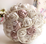 高端定制DIY 米白水钻珍珠玫瑰绸缎新娘结婚手捧花创意韩式手拿花