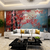 客厅电视背景墙壁纸大型壁画墙纸卧室温馨 红枫树林欧式油画FQ111