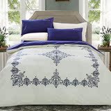 地中海风格全棉蓝床上用品四件套纯棉欧美风纯色床单欧式1.5/1.8m