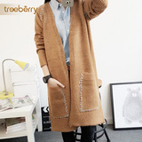treeberry2016春季女装新款韩版V领加厚中长款大口袋针织开衫纯色