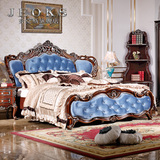 乔克斯美式床 蓝色绒布欧式床1.8米大床实木雕花婚床新古典双人床