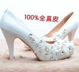手工定制水晶鞋 春夏韩版高跟大小码白色蕾丝水钻新娘伴娘结婚单