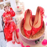 中国风红色婚鞋秀禾服新娘鞋高跟细跟尖头绸缎民族风配旗袍绣花鞋