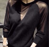 韩国代购2016秋装新款针织衫上衣长袖深V领气质套头毛衣打底衫女