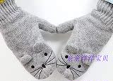 HM香港专柜有售秋冬女装灰色猫咪耳朵图案针织保暖手套 帽子鞋套