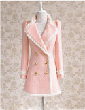 毛呢大衣冬装粉红大布娃娃粉红色拼白色花边珍珠收腰气质呢外套