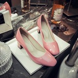 韩版新款方头复古糖果色漆皮浅口中跟单鞋女秋季粗跟婚鞋工作女鞋