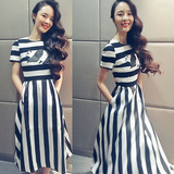 2016夏季女装新款明星同款韩版条纹拼接修身气质连衣裙中长款裙子