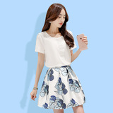 2016夏新款韩版雪纺短袖T恤高腰A字印花短裙两件时尚套装女
