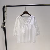 韩国东大门夏季新款V领套头小灯笼袖棉布白色娃娃衫女7分袖衬衣