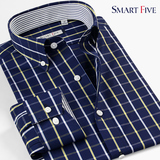 SmartFive 秋装扣领时尚格子衬衫男长袖商务休闲修身纯棉格纹衬衣