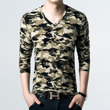 韩版男装 男士长袖t恤 春装V领迷彩修身型打底衫秋衣上衣服体恤衫