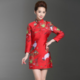 中国风2016新款女装新品高端复古长袖立领盘扣刺绣改良旗袍连衣裙