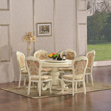 美式实木圆形餐桌椅组合欧式餐厅橡木圆桌饭桌象牙白餐桌带转盘