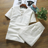 夏季休闲套装男士短袖T恤日系修身男装圆领半袖棉麻衣服两件套潮