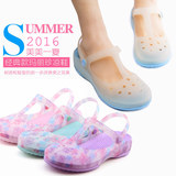 2016夏季韩版塑胶包头凉拖鞋厚底洞洞鞋女士新款印花沙滩果冻