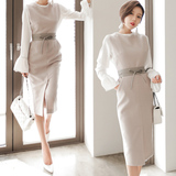 2016春新款 韩版修身钉珠打底衬衫连衣裙裙子套装两件套中长款潮