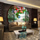 中式客厅餐厅屏风电视背景墙纸古典牡丹3D壁画复古砖纹壁纸