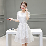 2016夏季新款女装韩版白色中长款裙子欧根纱连衣裙烧花显瘦A字裙