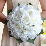 白色18朵仿真玫瑰水钻韩式影楼婚纱摄影新娘手捧花白色婚礼主题花