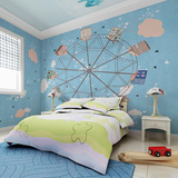 儿童房卧室主题墙纸壁纸 无缝3d立体动漫卡通大型壁画 摩天轮