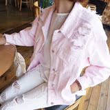韩国NA AN2016秋季新款simida粉色BF宽松破洞牛仔外套女短款上衣