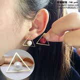韩国正品代购进口纯14K黄金耳钉女 圆润白珍珠三角金框耳环耳钉女
