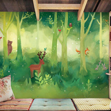 卡通森林动物墙纸壁纸 儿童房卧室背景墙壁纸 幼儿园环保大型壁画