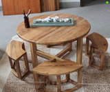 圆餐桌老榆木时尚创意圆桌饭桌咖啡桌简约田园小户型桌凳可收纳