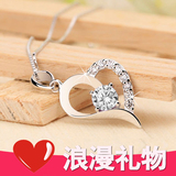 S925纯银项链女士日韩版爱心形锁骨链白金水晶钻石吊坠女生日礼物
