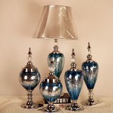奢华新古典美欧式样板间家居软装饰品深蓝色彩色玻璃摆件台灯套装
