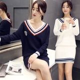 2016春季新款韩版套头针织衫显瘦套装 V领针织衫+半身裙