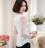 衬衫女2016春季新款韩版长袖白色真丝拼接网纱衬衣女性感上衣外穿