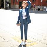 2015秋装时尚潮休闲简约纯色韩版双排扣两件套西服宽松西装套装女