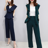 韩版2016新款夏季女装气质修身两件套V领职业OL九分阔腿裤套装女