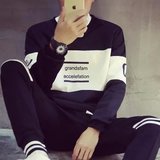 秋季韩版青少年学生卫衣男潮牌太空棉撞色拼接印花圆领套头卫衣