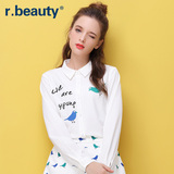 r．beauty秋新款大码女装时尚小鸟字母印花长袖气质衬衫r16B8371