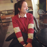 韩版学院风学生简约复古正红色混色镂空条纹拼接袖宽松套头毛衣女