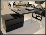 黑色烤漆书桌 钢化玻璃写字台 旋转柜电脑桌办公桌定制HLY-001