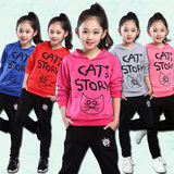 2016女童春装套装 儿童连帽休闲运动两件套 韩版中大童小猫咪卫衣
