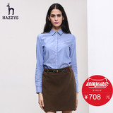 Hazzys哈吉斯2015秋季新品英伦风长袖衬衫 纯棉修身方领衬衣女装