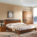 中格实木床白蜡木双人床木板床1.8米高箱储物床皮软靠背床家具