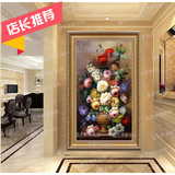 壁画花卉欧式古典花纯手绘有框油画装饰画客厅玄关挂画竖版餐厅画